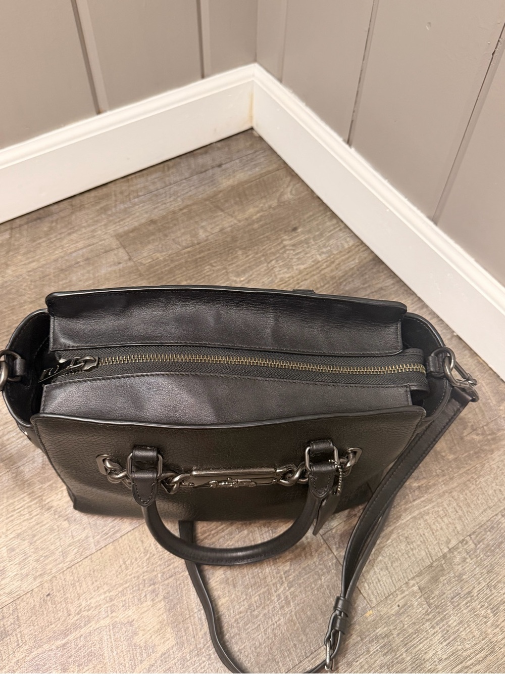 Coach Blake Black Pebble Leather Chain Accent Satchel - Picture 2 of 9